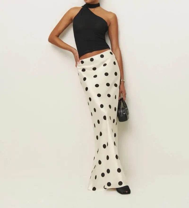 NWT REFORMATION Bella Silk Maxi Skirt Small Pluto Dot Cream Black Elastic Waist