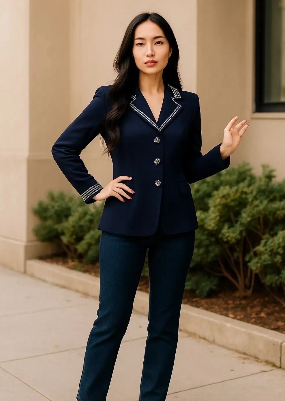 Vintage ST. JOHN Evening Navy Santana Knit Jacket 12 Pearl Swarovski Buttons L