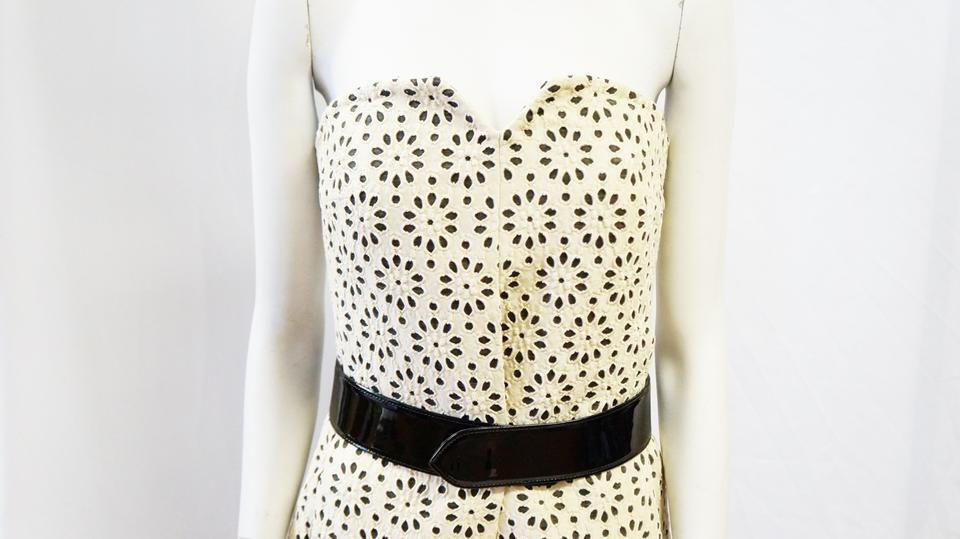 Thumbnail: CAROLINA HERRERA Strapless Belted Floral Eyelet Cream Black Dress 8 M