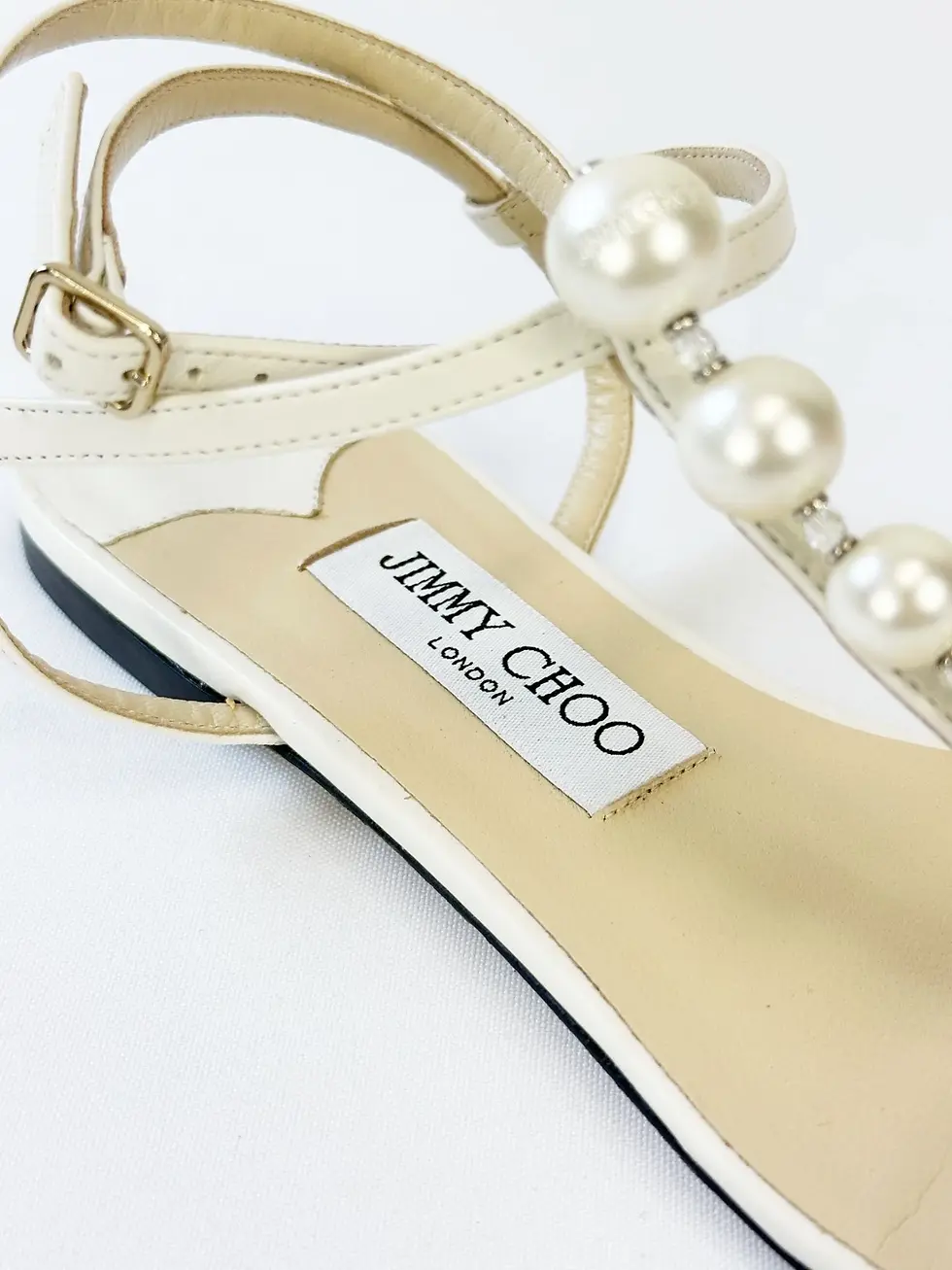 Miniatura: JIMMY CHOO Amari Nappa Leather Flat Strappy Sandals 38 Latte Pearl Embellished
