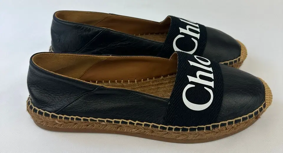 Thumbnail: CHLOÉ Woody Espadrille Flats 39 Black White Logo Ribbon Leather Rope Sole