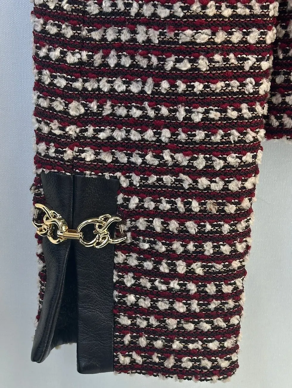 Miniatura: ST. JOHN Collection Knit Leather Trim Jacket 6 Red Brown Tweed Gold Buckle