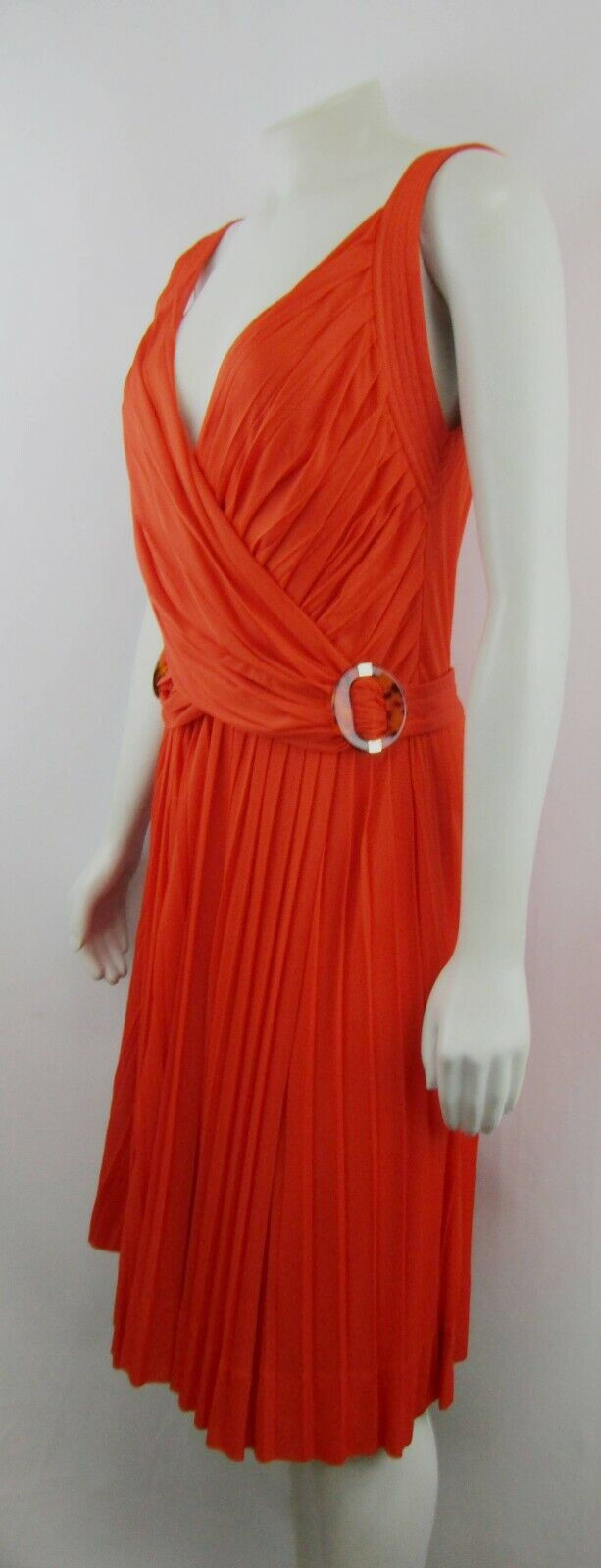 Thumbnail: GUCCI Coral Pleated Dress Deep V Neckline Buckles M Medium Orange NWOT