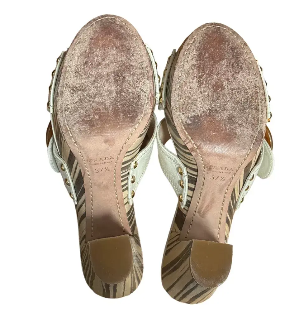 Hình thu nhỏ: PRADA White Striped Wooden Tortoise Platforms Buckle Slip On Sandals 37.5 US 7.5