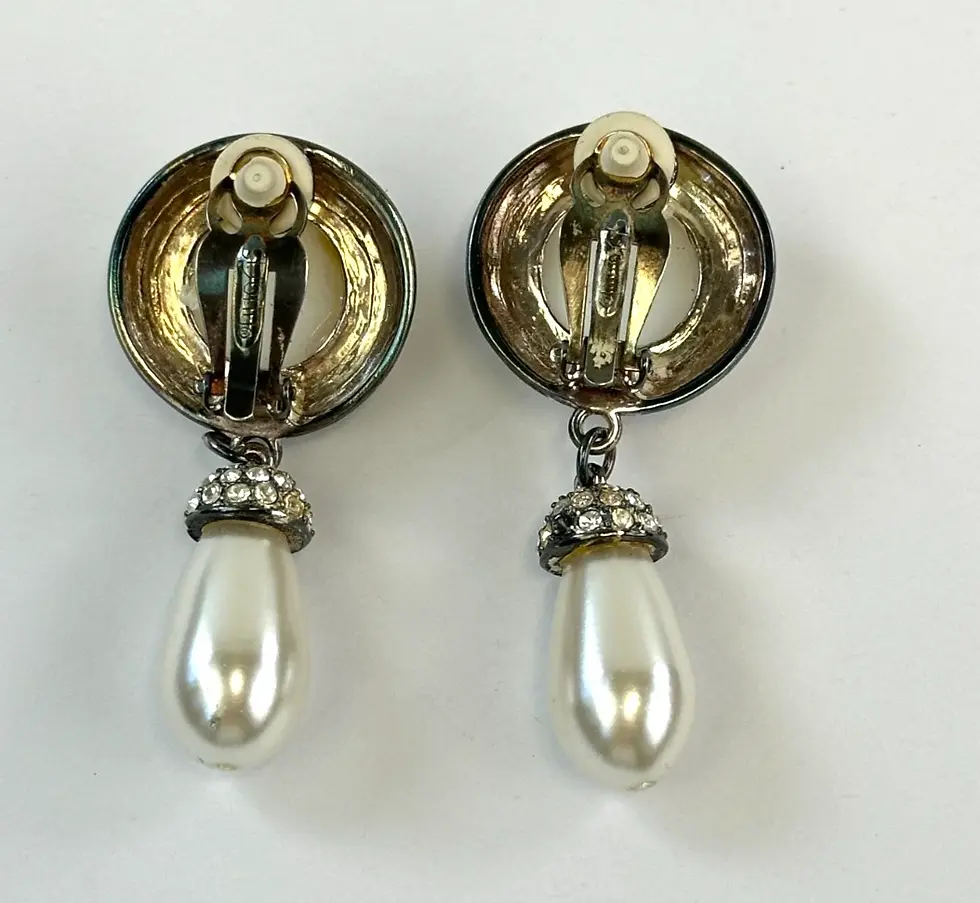 Thumbnail: ST. JOHN Signed Silver Clear Rhinestone Pearl Drop Earrings 1980's Clip Vintage