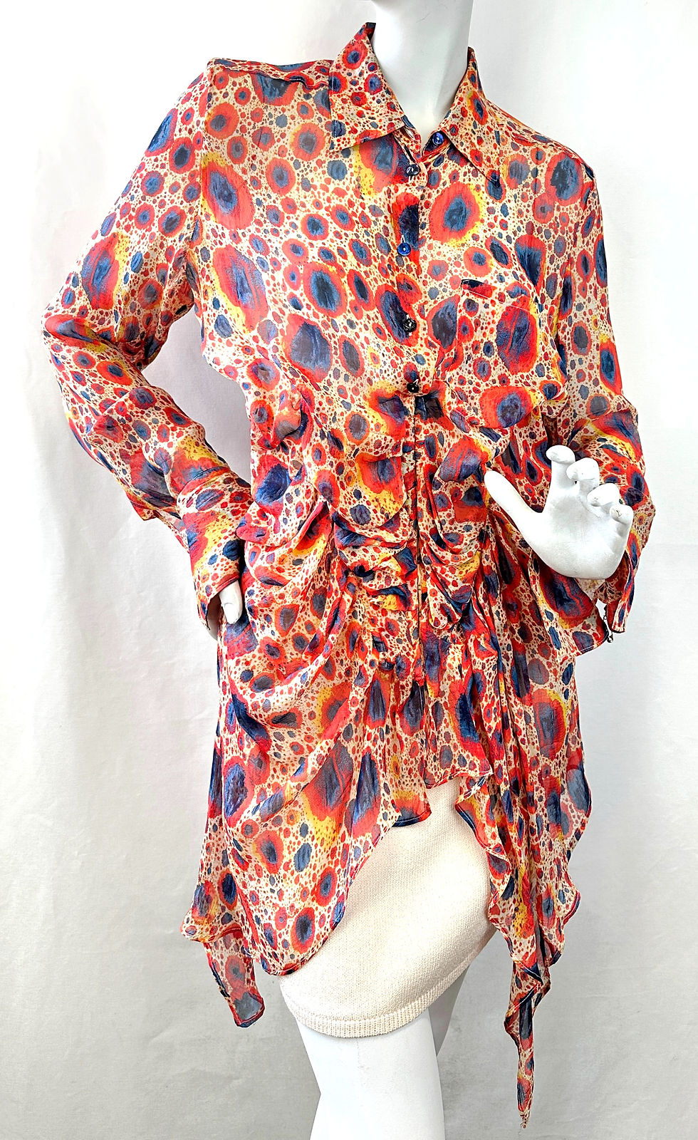 Thumbnail: JEAN PAUL GAULTIER FEMME Silk Corset Blouse 12 Red Multi Abstract
