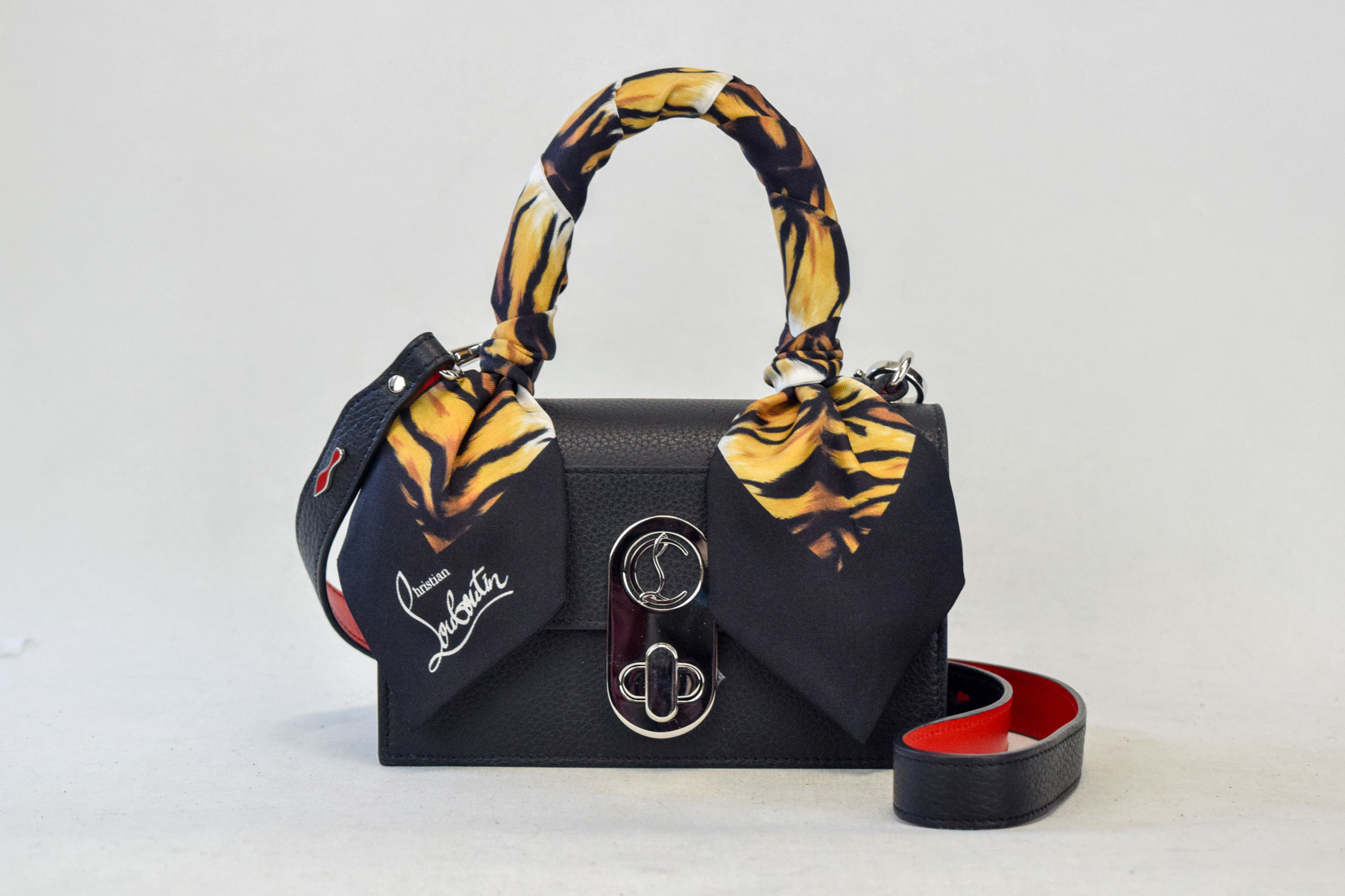 CHRISTIAN LOUBOUTIN Elisa Leather Printed Silk Scarf Top Handle Shoulder Bag
