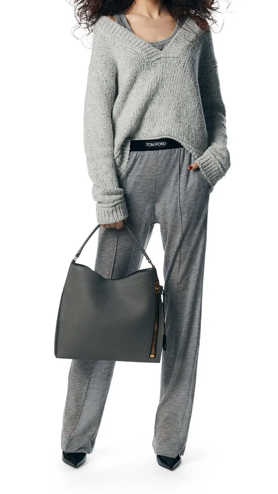 Thumbnail: NEW TOM FORD Alix Grained Leather Hobo Shoulder Bag Graphite Gold Hardware Tote
