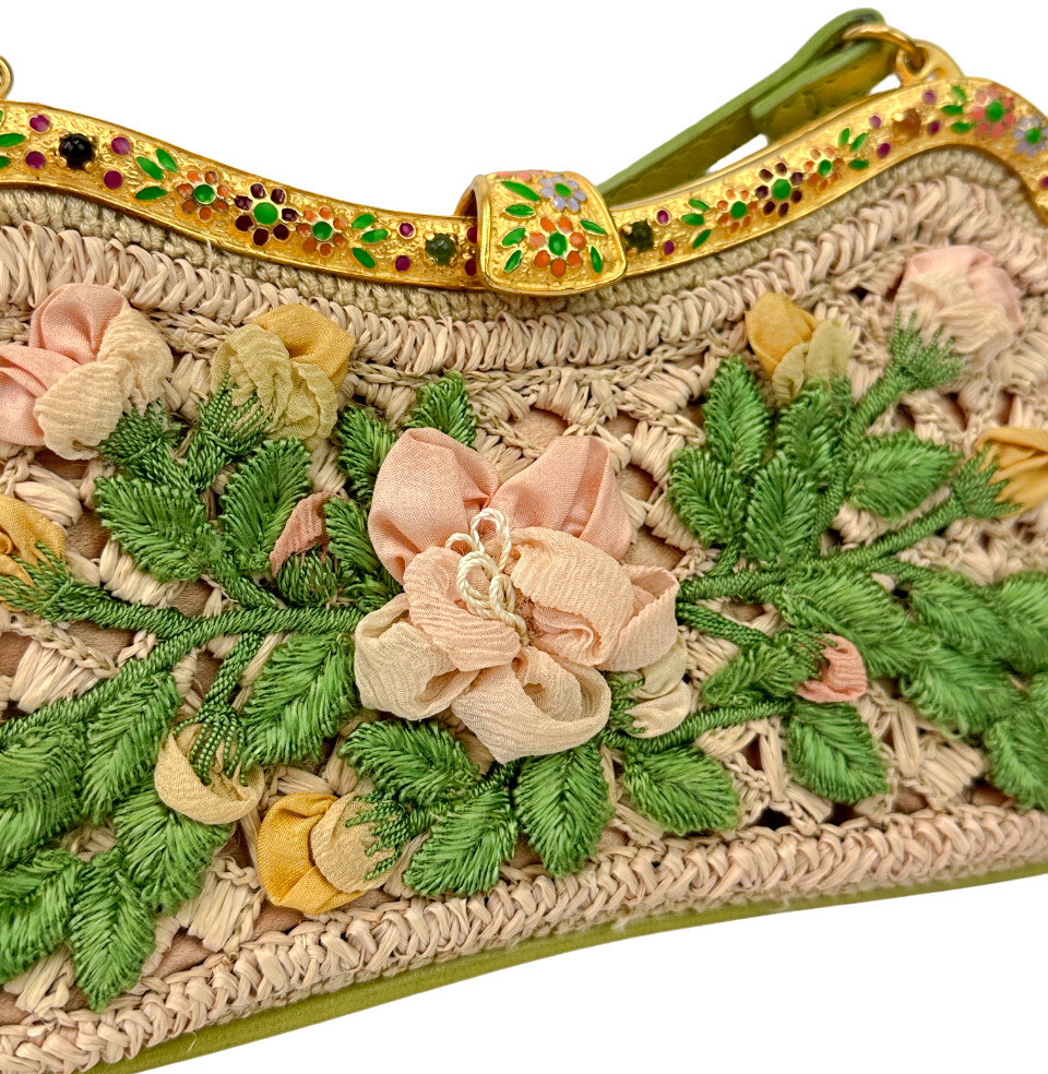 Hình thu nhỏ: Vintage VALENTINO Garavani Leather Straw Enameled Handbag Small Green Flowers
