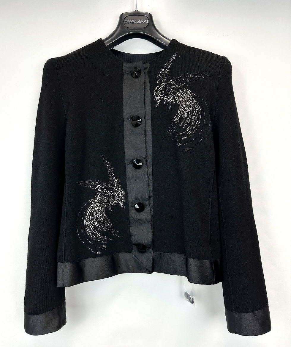 Thumbnail: NEW GIORGIO ARMANI Knit Jacket Cashmere 42 6 Satin Trimmed Black Bird Rhinestone