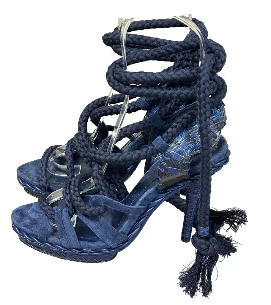 Miniatura: CHRISTIAN DIOR Navy Blue Tahiti Suede Lizard Leather Rope Lace Up Sandals 37.5