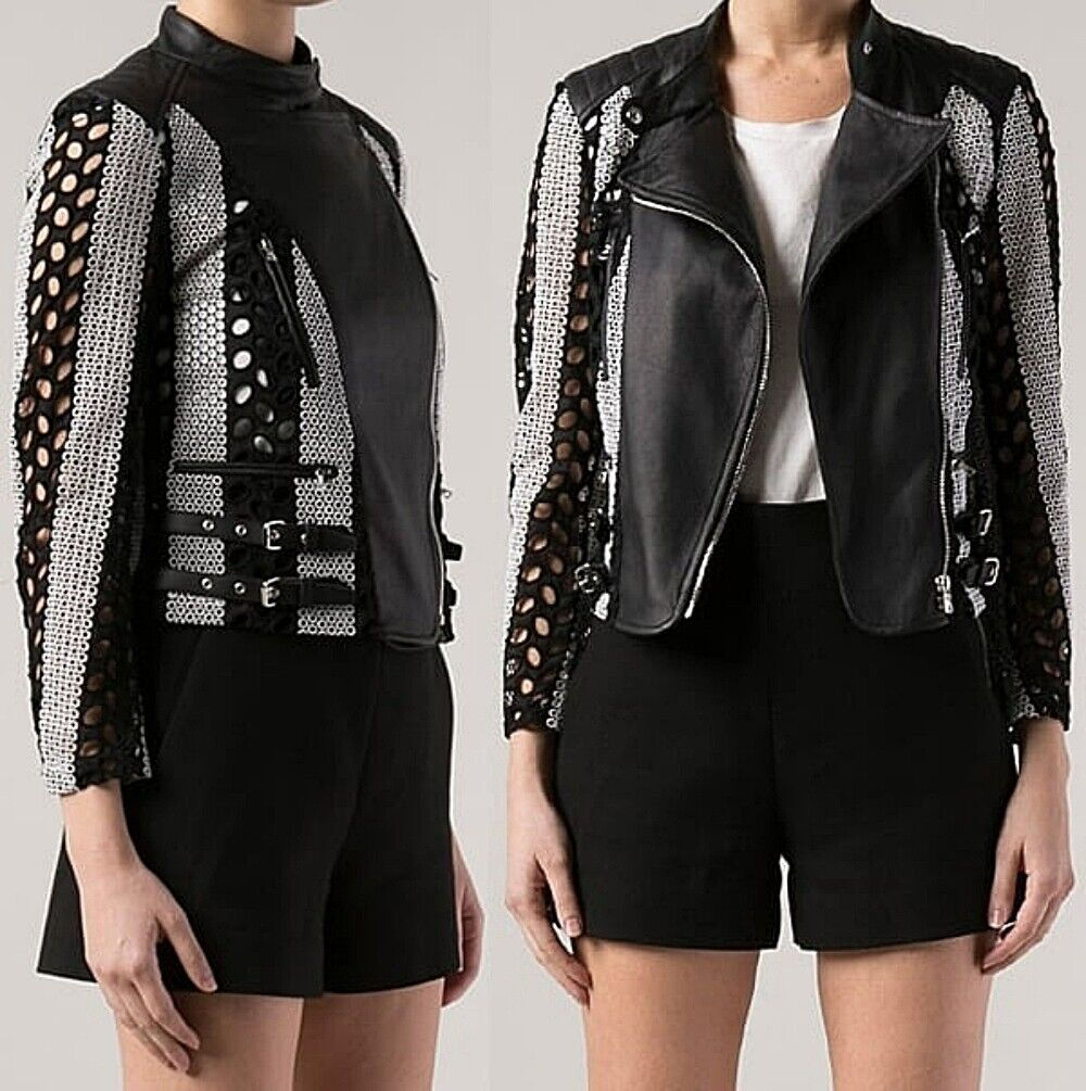 YIGAL AZROUEL Black/White Embroidered Leather Size 6 Jacket
