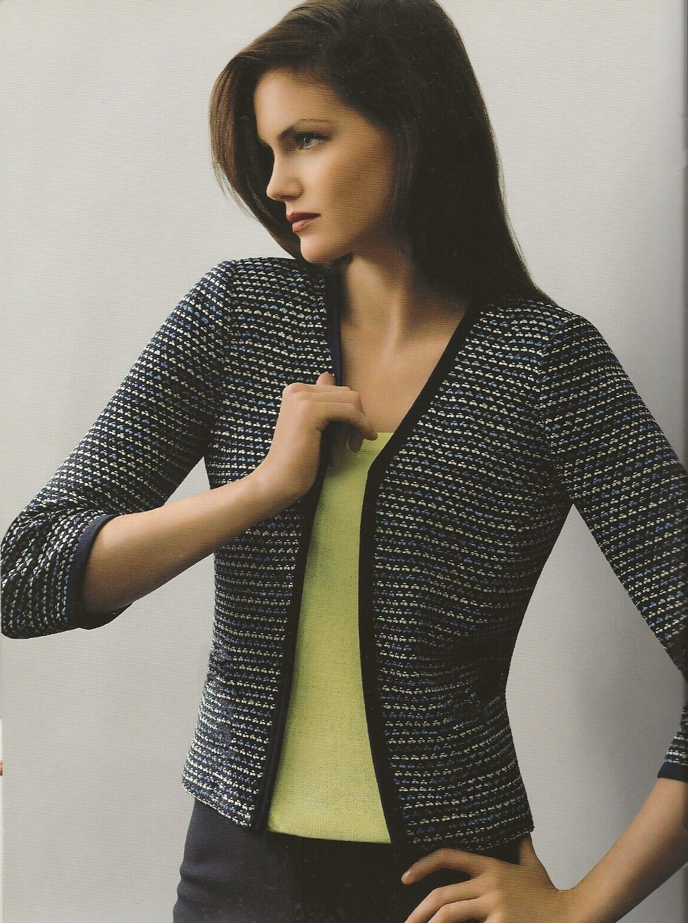 ST. JOHN Tweed Blue Black Trim Round Neckline 3/4 Sleeves Open Jacket 14 Large