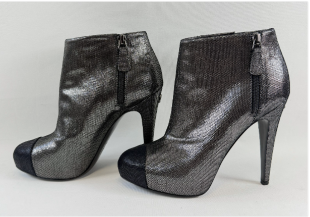 縮圖：CHANEL Leather Cap Toe Ankle Boots Booties 38.5 8.5 US Dark Grey Black Metallic