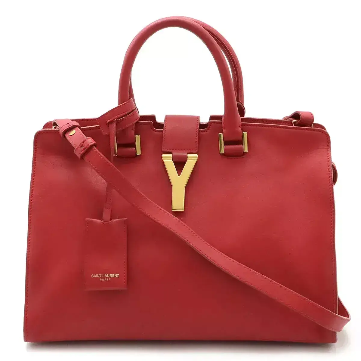 YVES SAINT LAURENT Leather Cabas Tote Satchel Small Red Gold Hardware