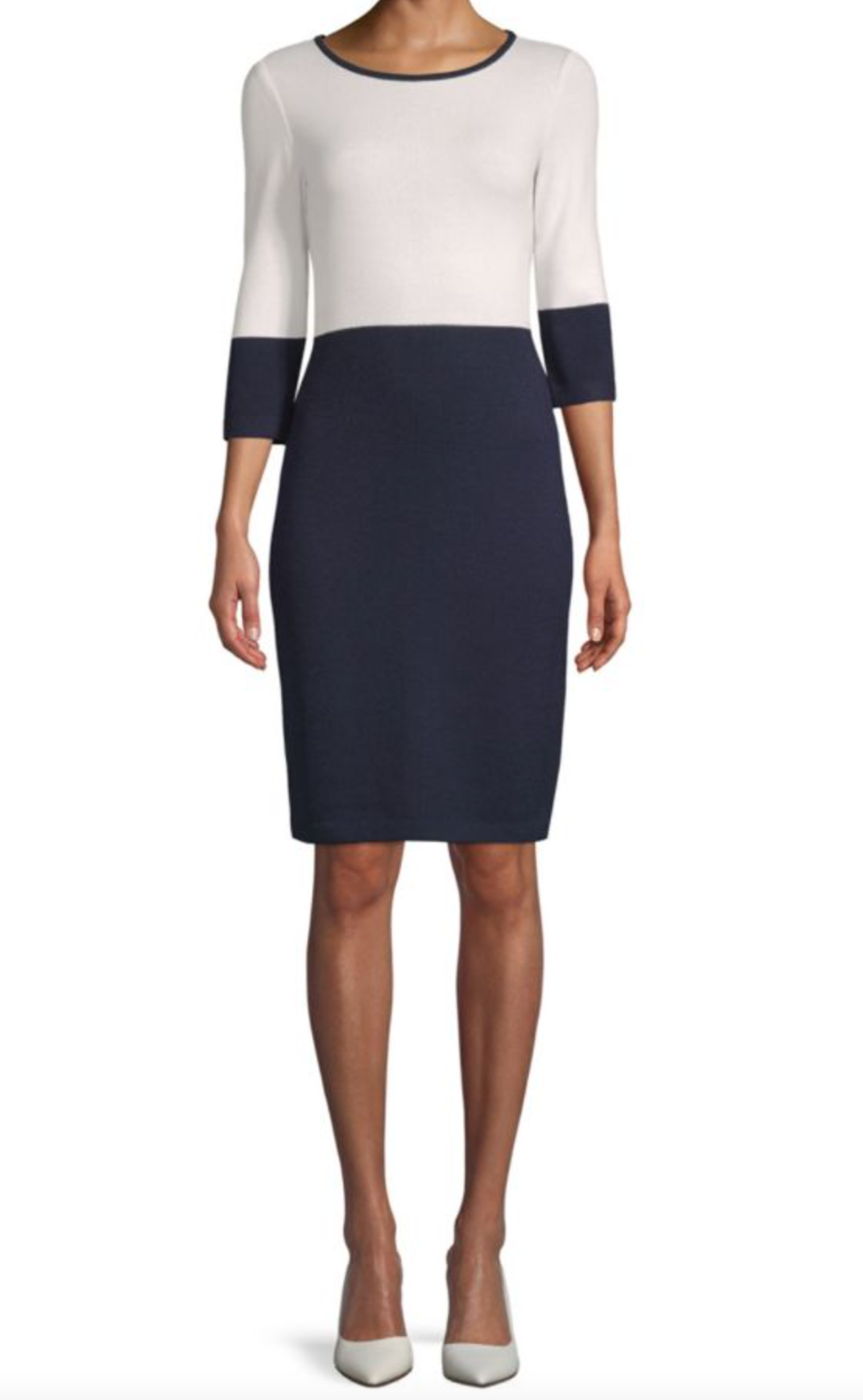 NWOT ST. JOHN Navy White Colorblock Round Neck 3/4 Sleeves Sheath Dress 2 Small