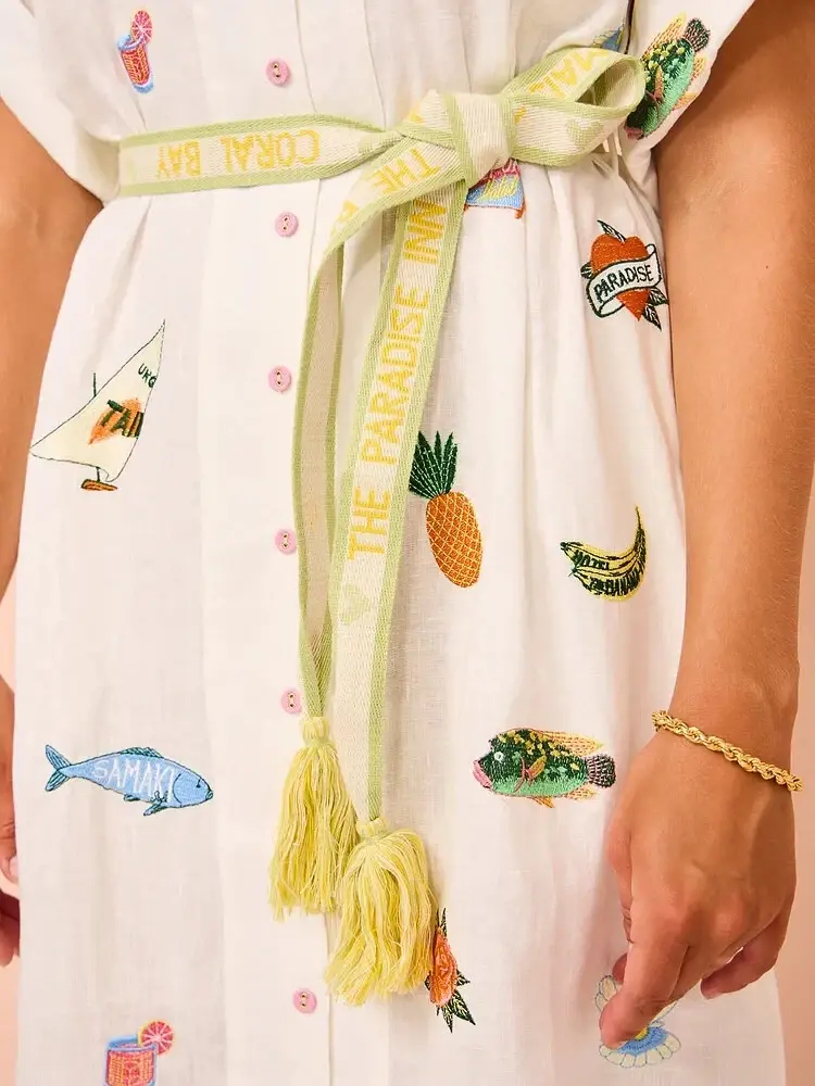 Thumbnail: ALEMAIS Blue Marlin Linen Embroidered Midi Dress US 8 Cream Fish Embroidery