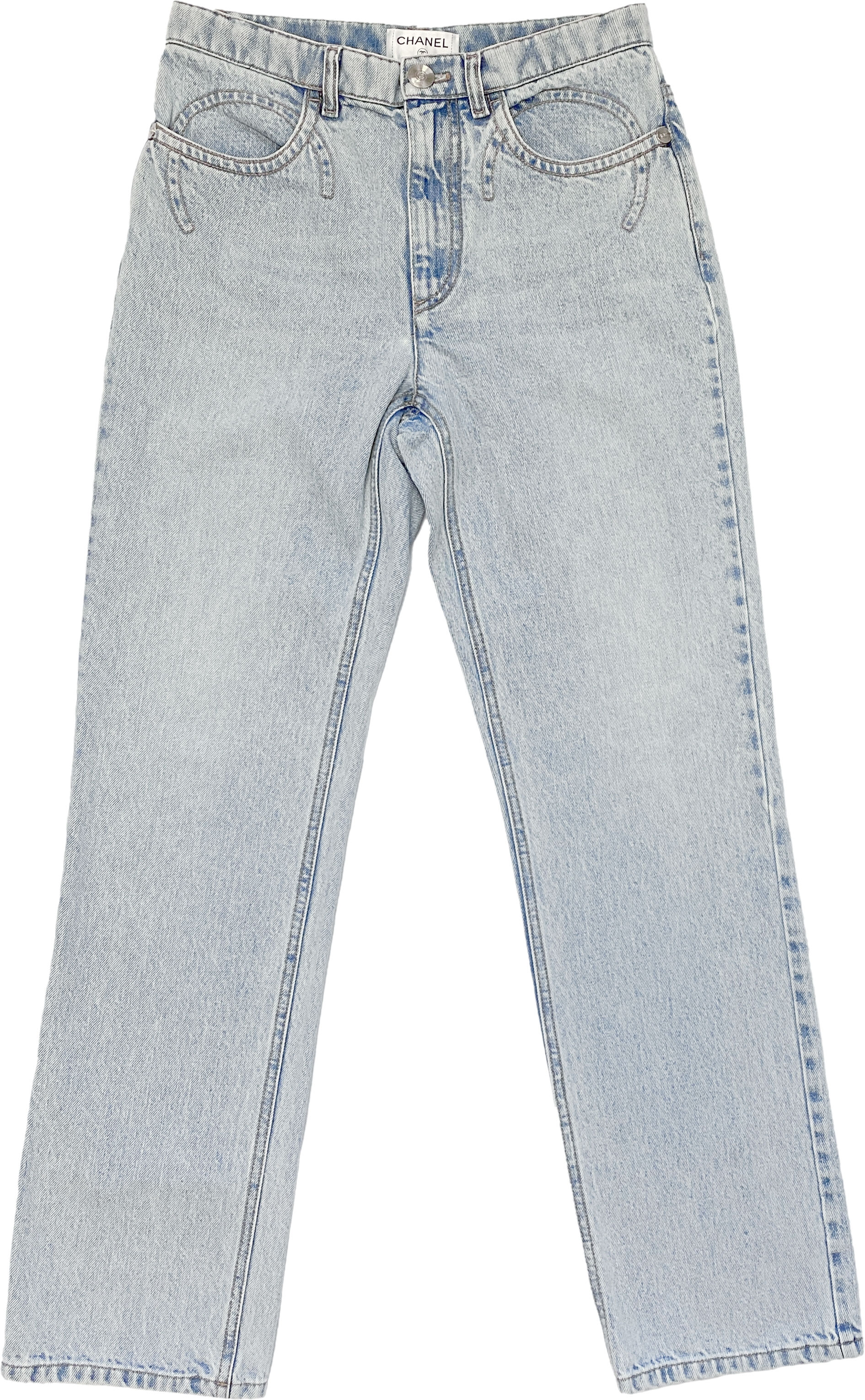 CHANEL Light Washed Blue Denim Coco Embroidered Jeans 36 CC