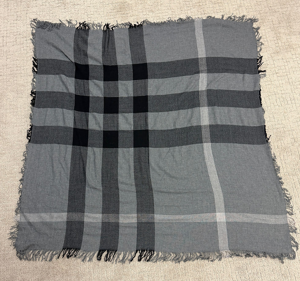 Thumbnail: BURBERRY Check Plaid Check Scarf Wrap Large Gray Black Fringe Edge 49" x 49"