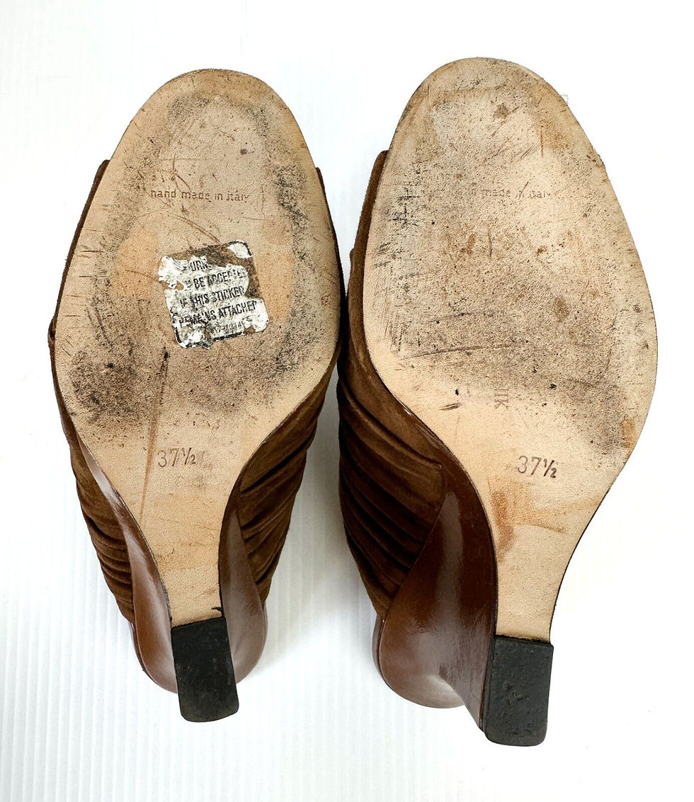 縮圖：MANOLO BLAHNIK Brown Suede Open Toe Ruched Mules Wedges 37.5 7.5