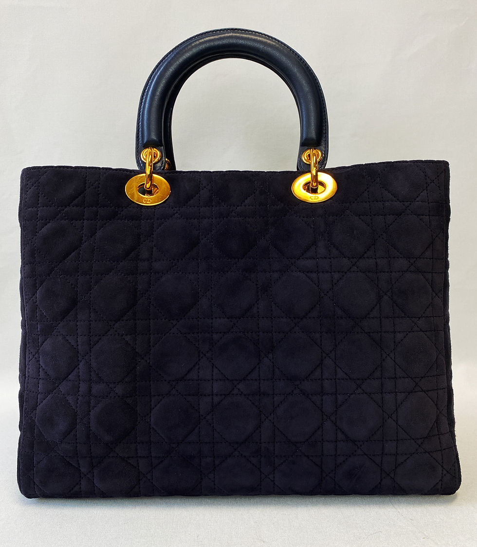 縮圖：Vintage CHRISTIAN DIOR Lady Dior Suede Leather Quilted Handbag Large Navy RARE
