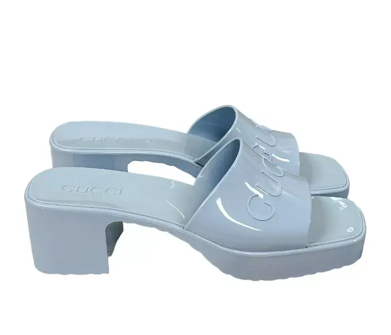 縮圖：GUCCI Women's Block Heel Platform Sandals Light Blue Rubber 37 7 Logo Slide