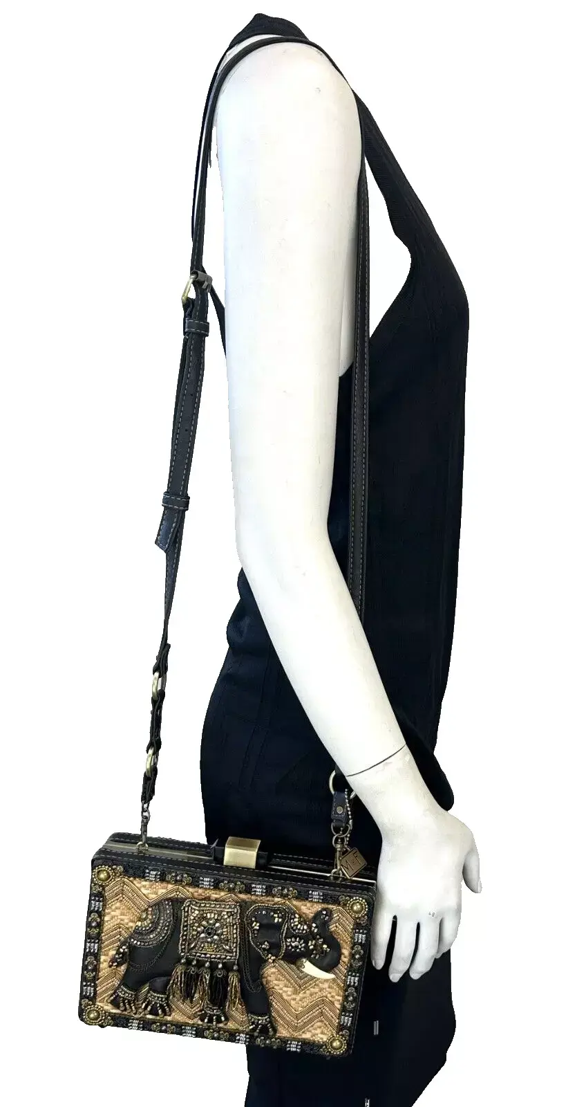 Thumbnail: MARY FRANCES Elephant Temple Embellished Crossbody Handbag Small Black Natural