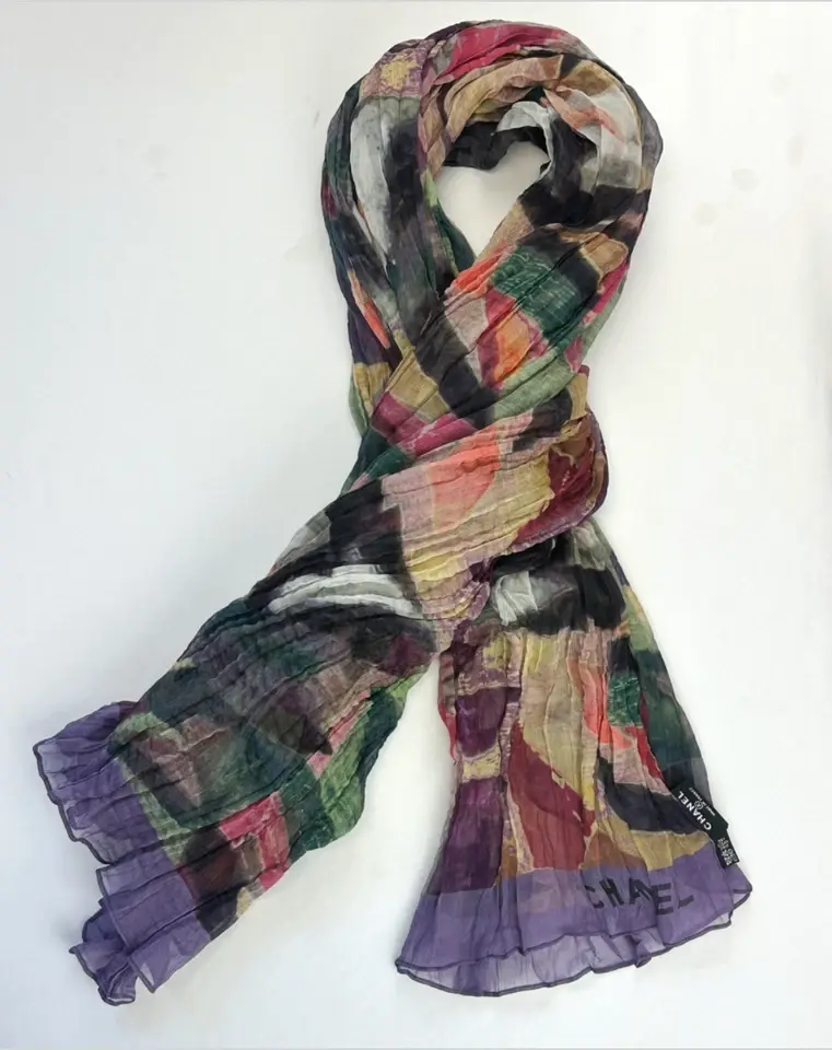 縮圖：CHANEL Silk Long Rectangle Scarf Abstract Multicolor Fall 2012 Stole XL NWOT