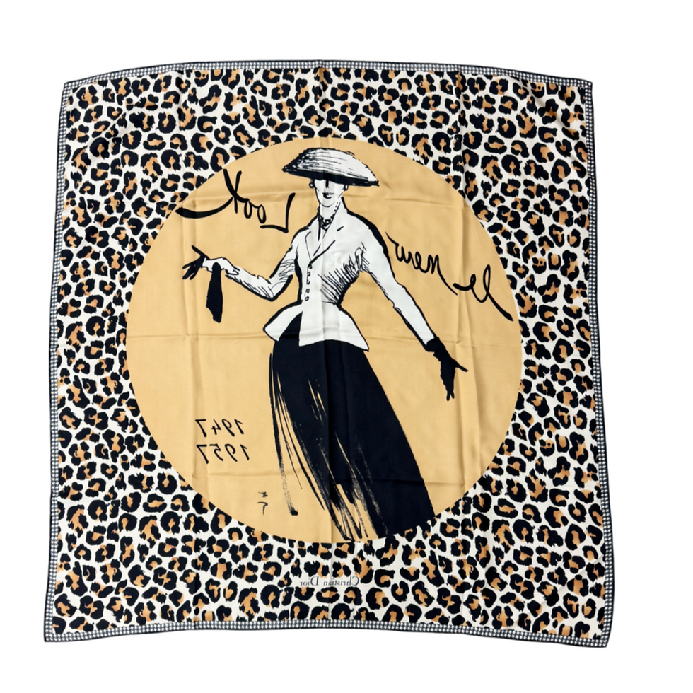 Miniatura: CHRISTIAN DIOR Silk Foulard "Le New Look" Leopard Brown Scarf  1947-1957