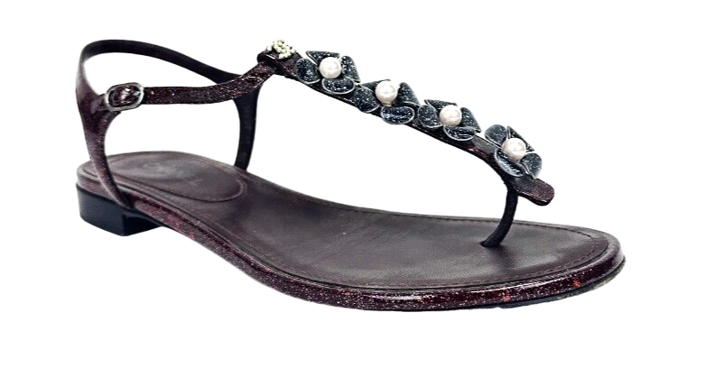 CHANEL Fantasy Calfskin Patent Leather Thong Sandals 37.5 Burgundy Pearl Flower