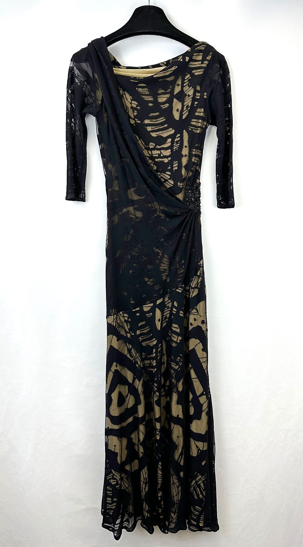 Miniatura: CHRISTIAN LACROIX Black Beige Illusion Net Draped Embellished Maxi Dress Medium