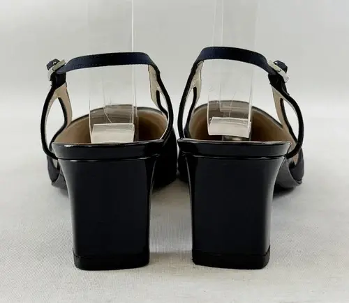 Thumbnail: CHANEL Heels Slingback Cap Toe Ankle Strap Pumps Navy Black Leather Fabric 39 9