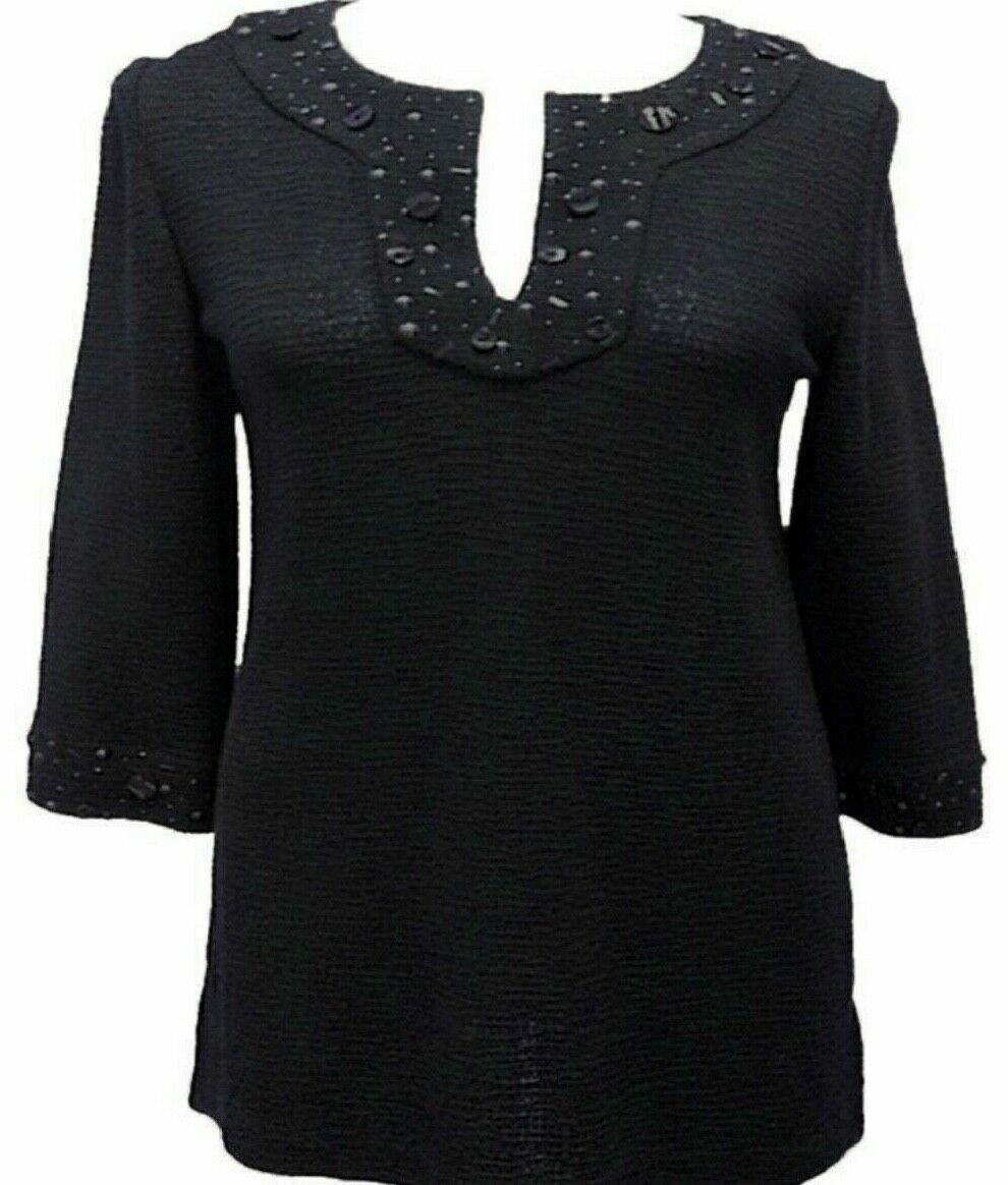 St. John Pullover Black V-neck Studs Paillettes Trim Tunic Small 4 Caviar