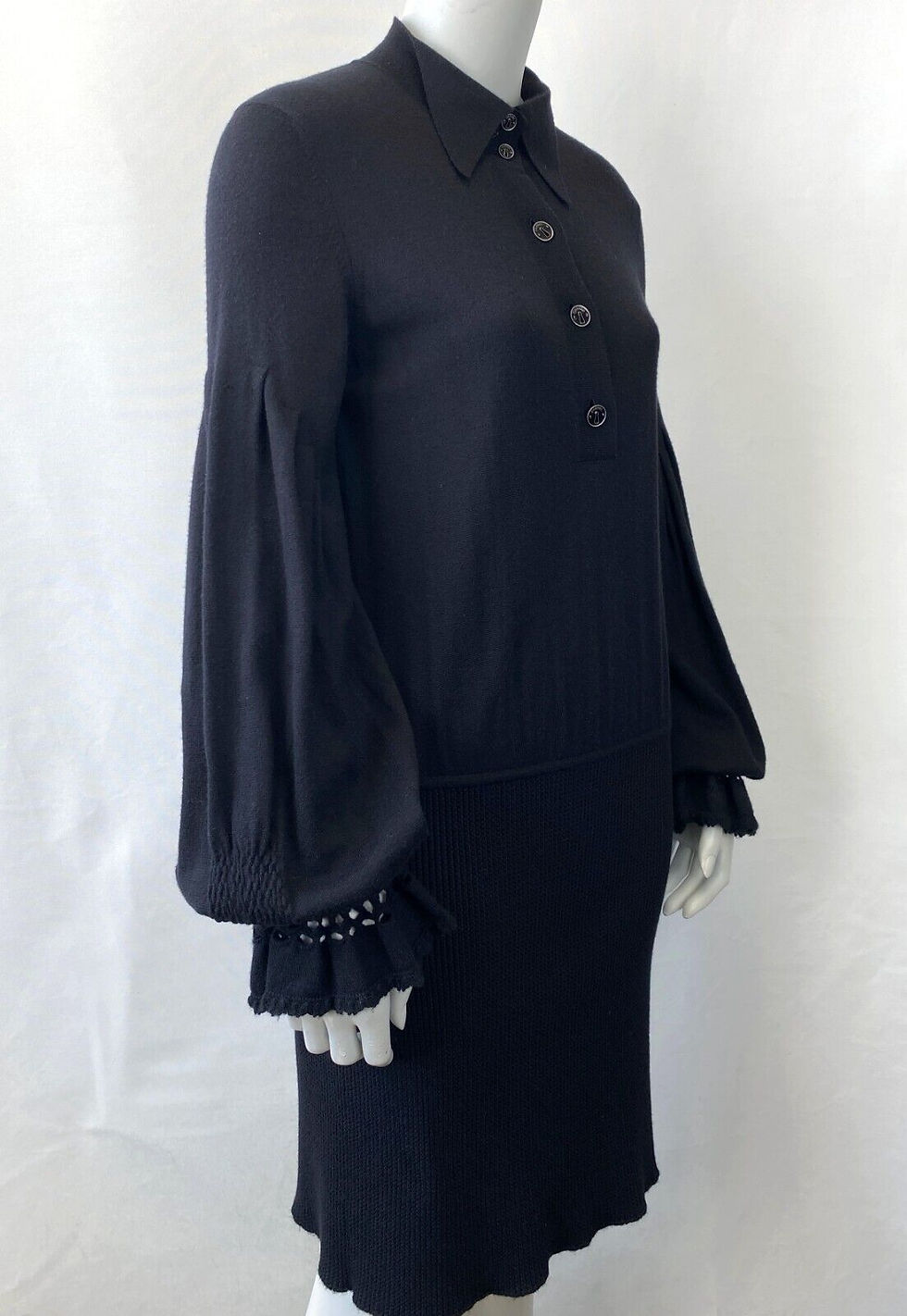 Miniatura: CHANEL Black Cashmere Textured Ribbed Keyhole Logo Buttons Dress 38 6 Small