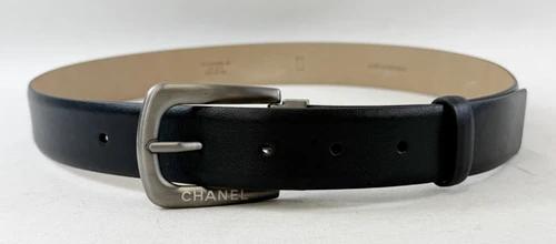 CHANEL Classic Leather Belt 85/34 Black Silver Buckle Logo Unisex