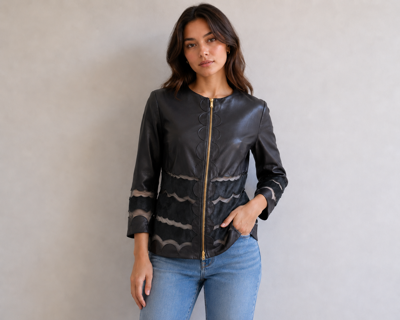 ESCADA Lamb Leather Jacket 40 Navy Mesh Suede Cutout 10 3/4 Sleeves Gold Zipper