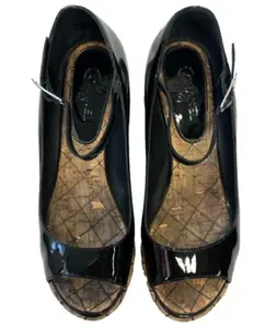 Thumbnail: CHANEL Black Patent Leather Quilted Cork Open Toe Wedge Platforms 8.5