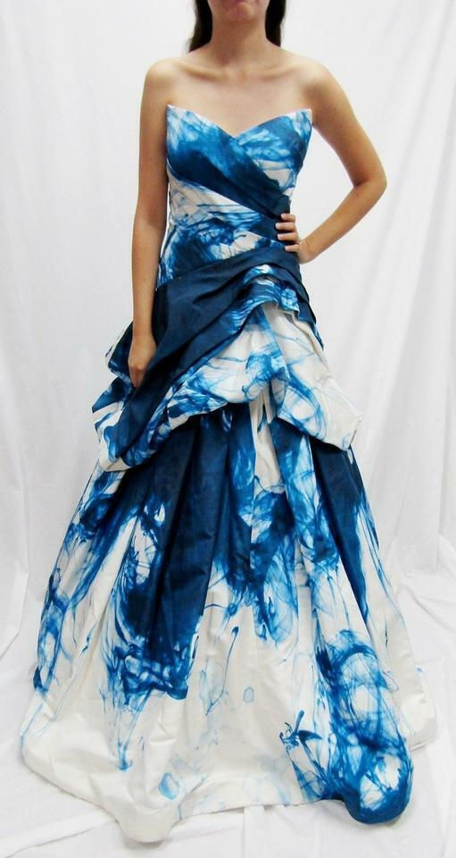 Miniatura: MONIQUE LHUILLIER White/Blue Ink Print Evening Ball Gown Formal Dress 0 2