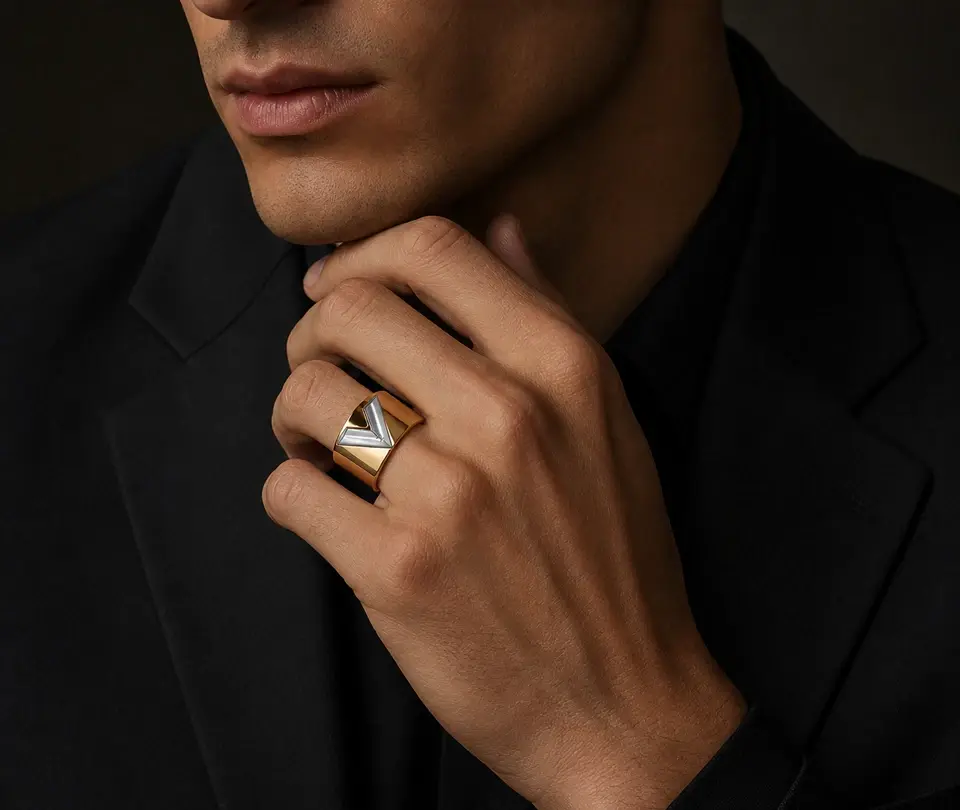 Thumbnail: LOUIS VUITTON Essential V Ring Medium 7 Gold Silver Metal Finishing M61085