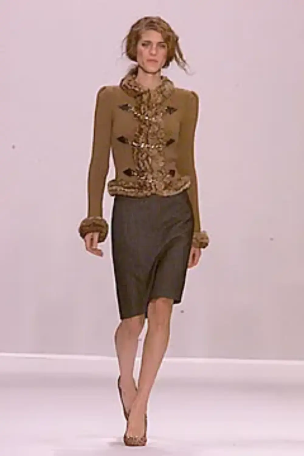 CELINE Cashmere Orylag Fur Trim Knit Jacket Brown Large 8 Long Sleeves A/W 2000