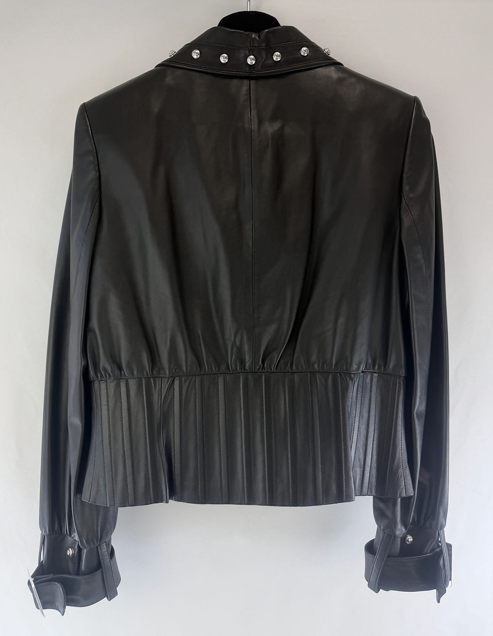 Hình thu nhỏ: ST. JOHN COUTURE Leather Jacket 10 Black Silver Zipper Studs Long Sleeve