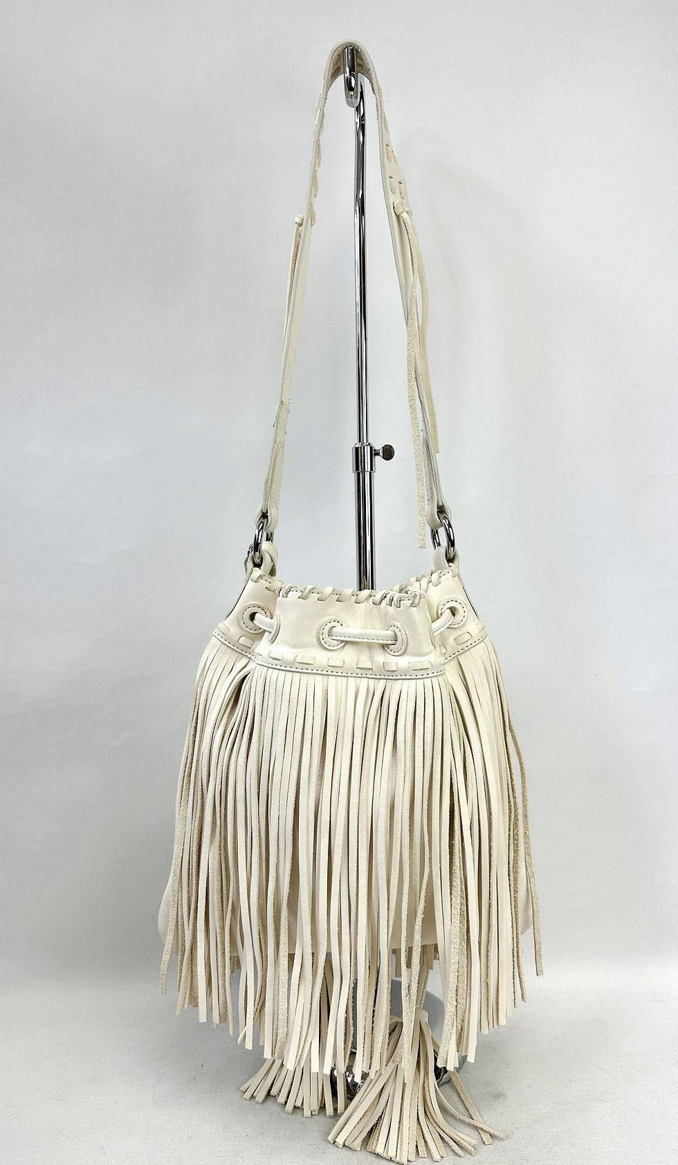 Thumbnail: RALPH LAUREN Beige Leather Fringe Drawstring Tassel Small Bucket Shoulder Bag
