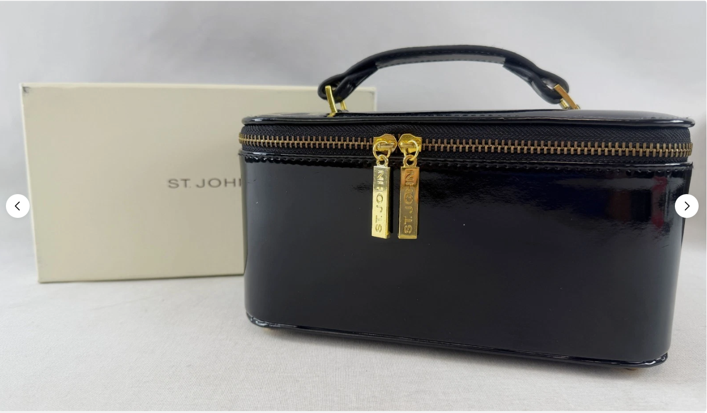 ST. JOHN Jewelry Box Case Travel Case 7.5 x 4 Black Patent Leather Rare