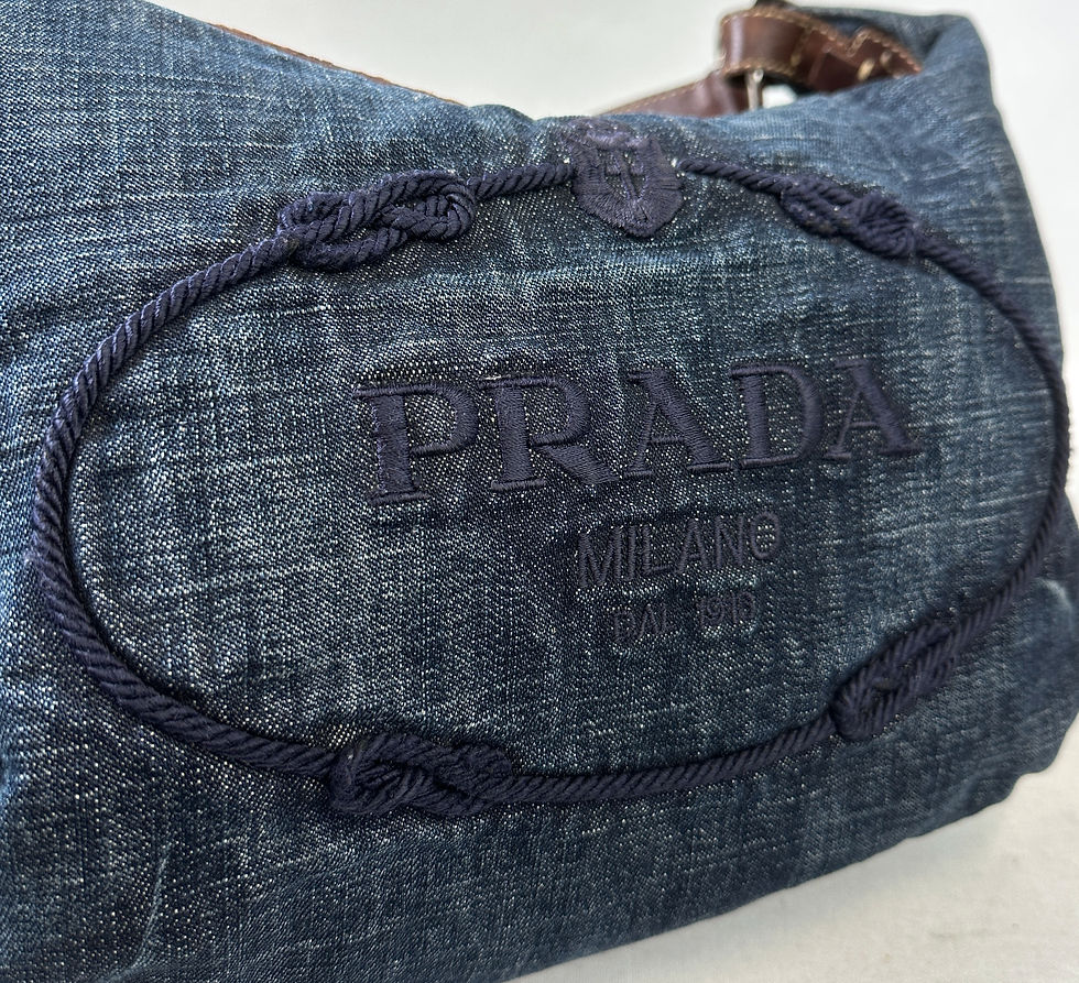 Miniatura: PRADA Denim Embroidered Logo Brown Leather Calf Trim Medium Hobo Shoulder Bag