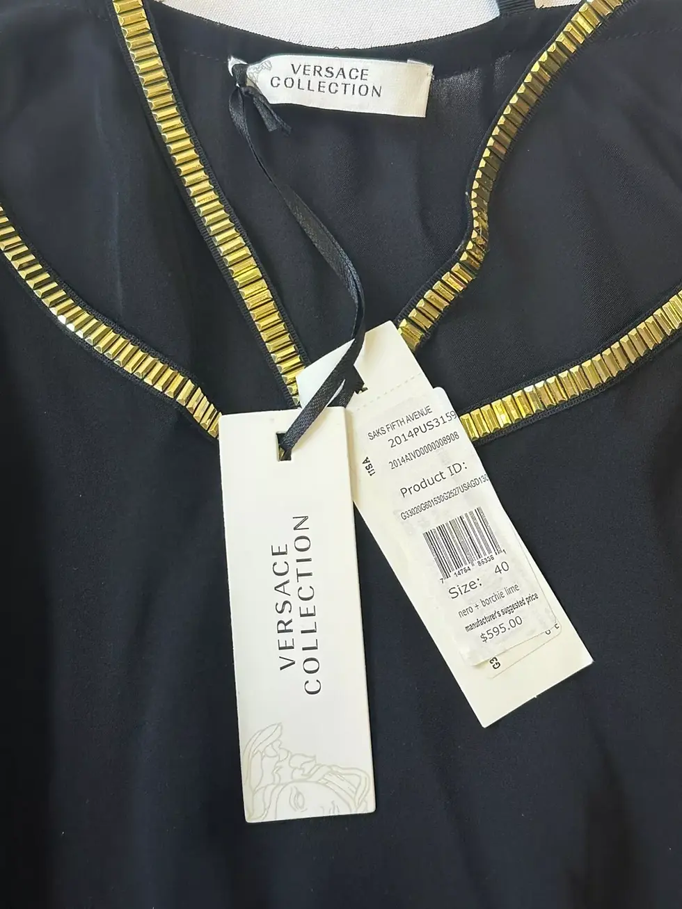 Thumbnail: VERSACE Collection Silk Stud Neckline Small Blouse 40 4 Black Lime Top