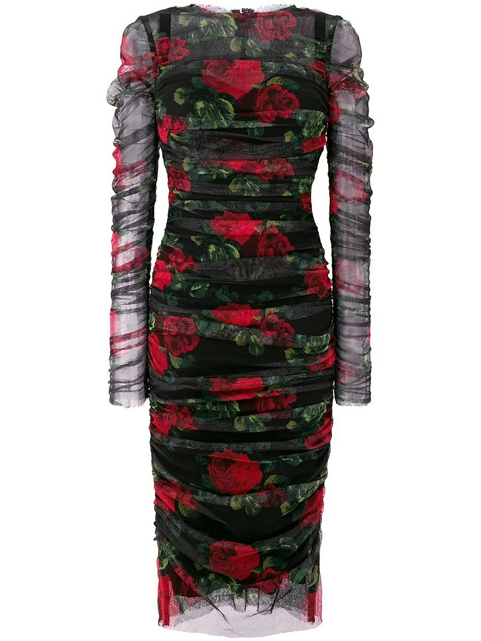 縮圖：DOLCE & GABBANA Rose Print Tulle Ruched Dress 40-42 Black Red Long Sleeve