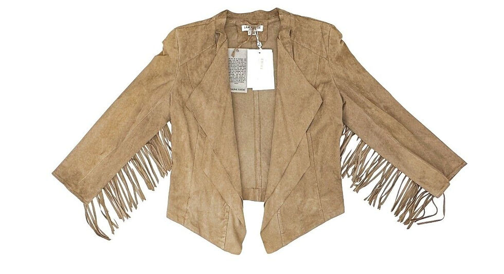 Hình thu nhỏ: LAMARQUE Zura Suede Jacket 4 Taupe Cascade Front Fringe Trim Sleeves Leather