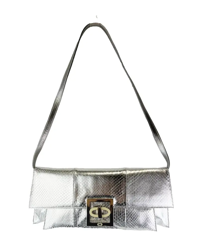 縮圖：ESCADA Silver Metallic Clutch Shoulder Bag Snake Skin Pattern Leather Large
