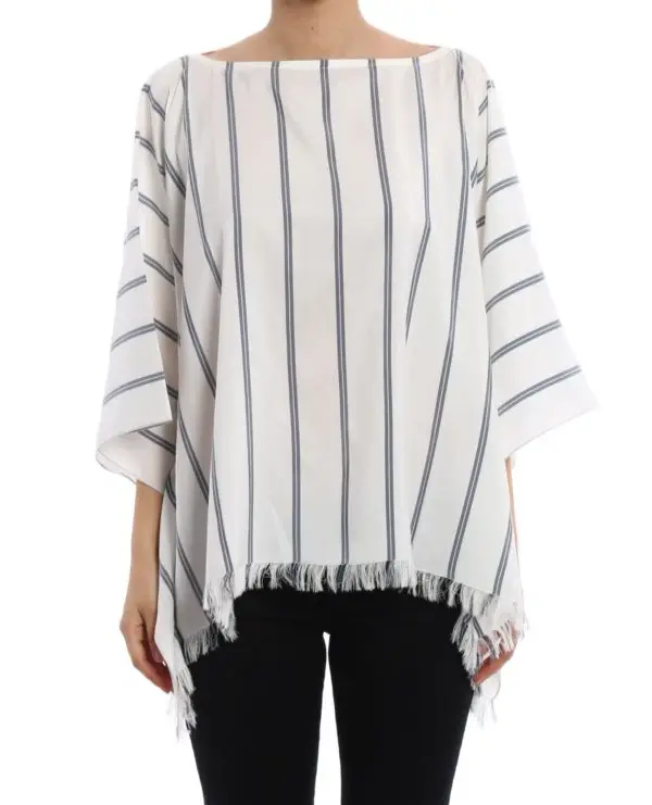 Hình thu nhỏ: NWOT BRUNELLO CUCINELLI Silk Poncho Blouse Top Medium Navy White Striped