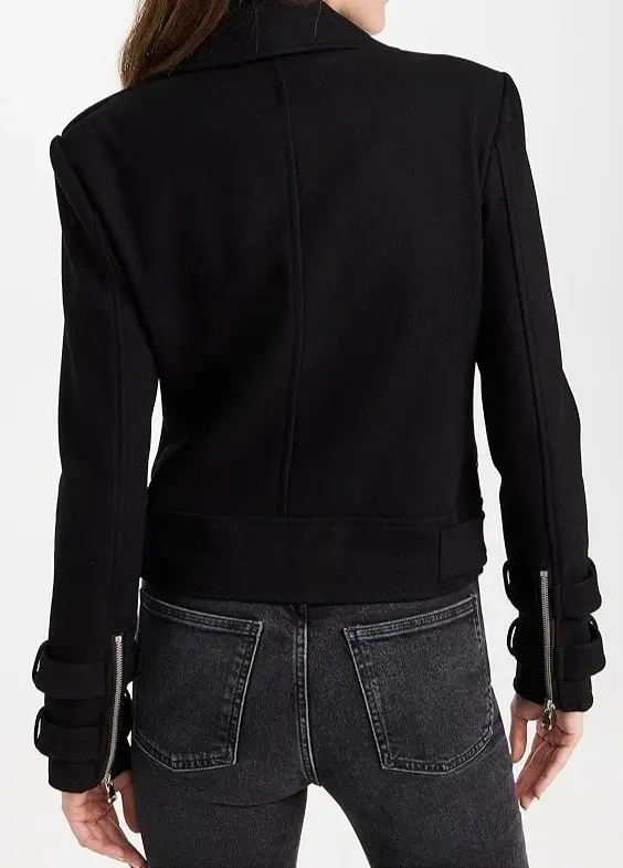 縮圖：L’AGENCE Billie Belted Biker Jacket Large Black Button Embellished Wool Blend